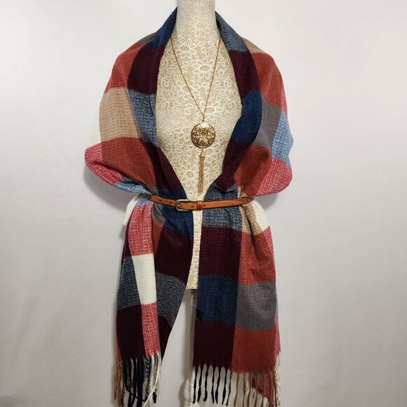 Cashmere Feel Italian Design Plaid Pattern Scarf Shawl Wrap Soft Viscose Blend - Picture 9 of 14